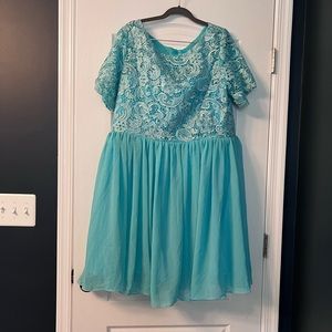 Blue bridesmaid dress, lace detail. Size 14/16